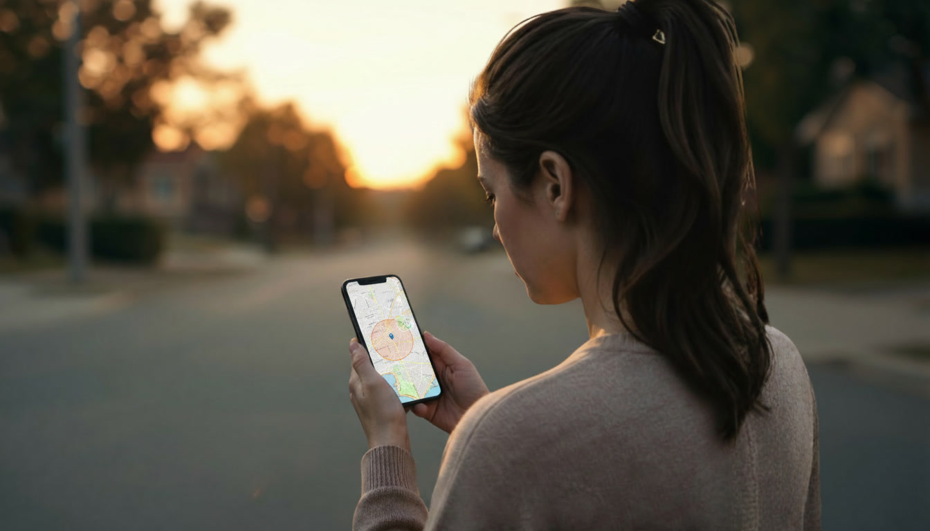 Mujer buscando a su mascota con el mapa en el celular